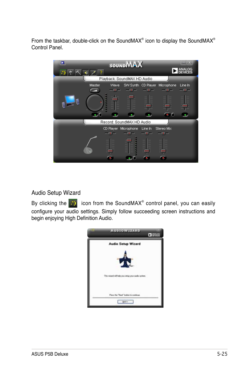 Audio setup wizard | Asus P5B Deluxe/WiFi-AP User Manual | Page 135 / 164