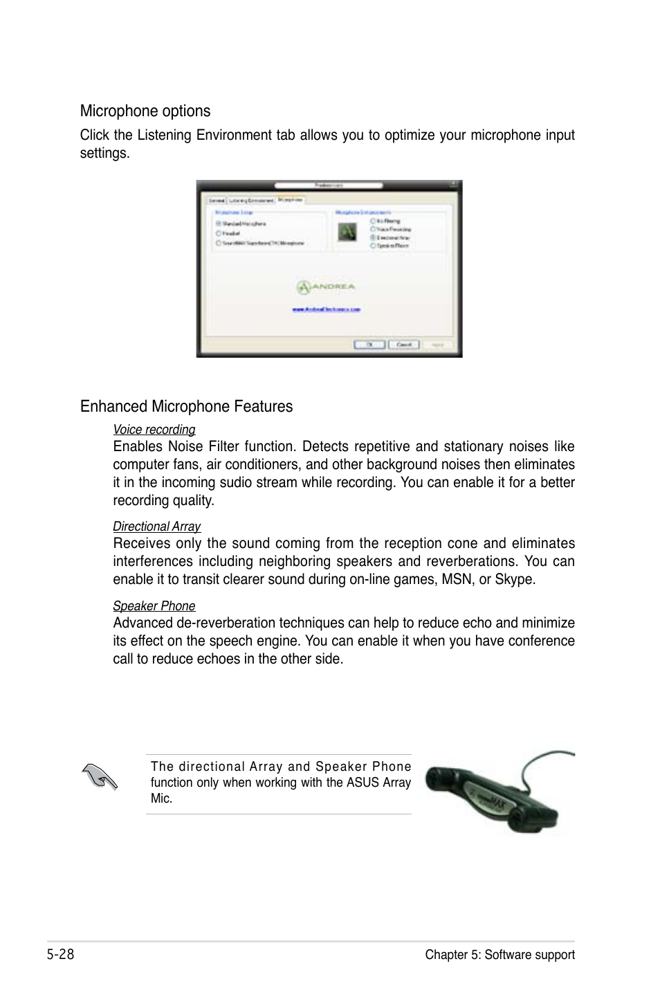 Microphone options, Enhanced microphone features | Asus P5B Deluxe/WiFi-AP User Manual | Page 138 / 164