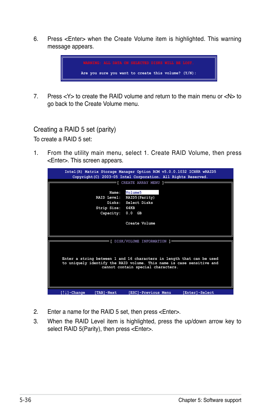 Creating a raid 5 set (parity) | Asus P5B Deluxe/WiFi-AP User Manual | Page 146 / 164