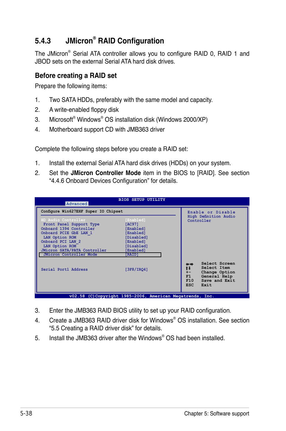 3 jmicron, Raid configuration, Before creating a raid set | The jmicron, Windows, Os had been installed | Asus P5B Deluxe/WiFi-AP User Manual | Page 148 / 164