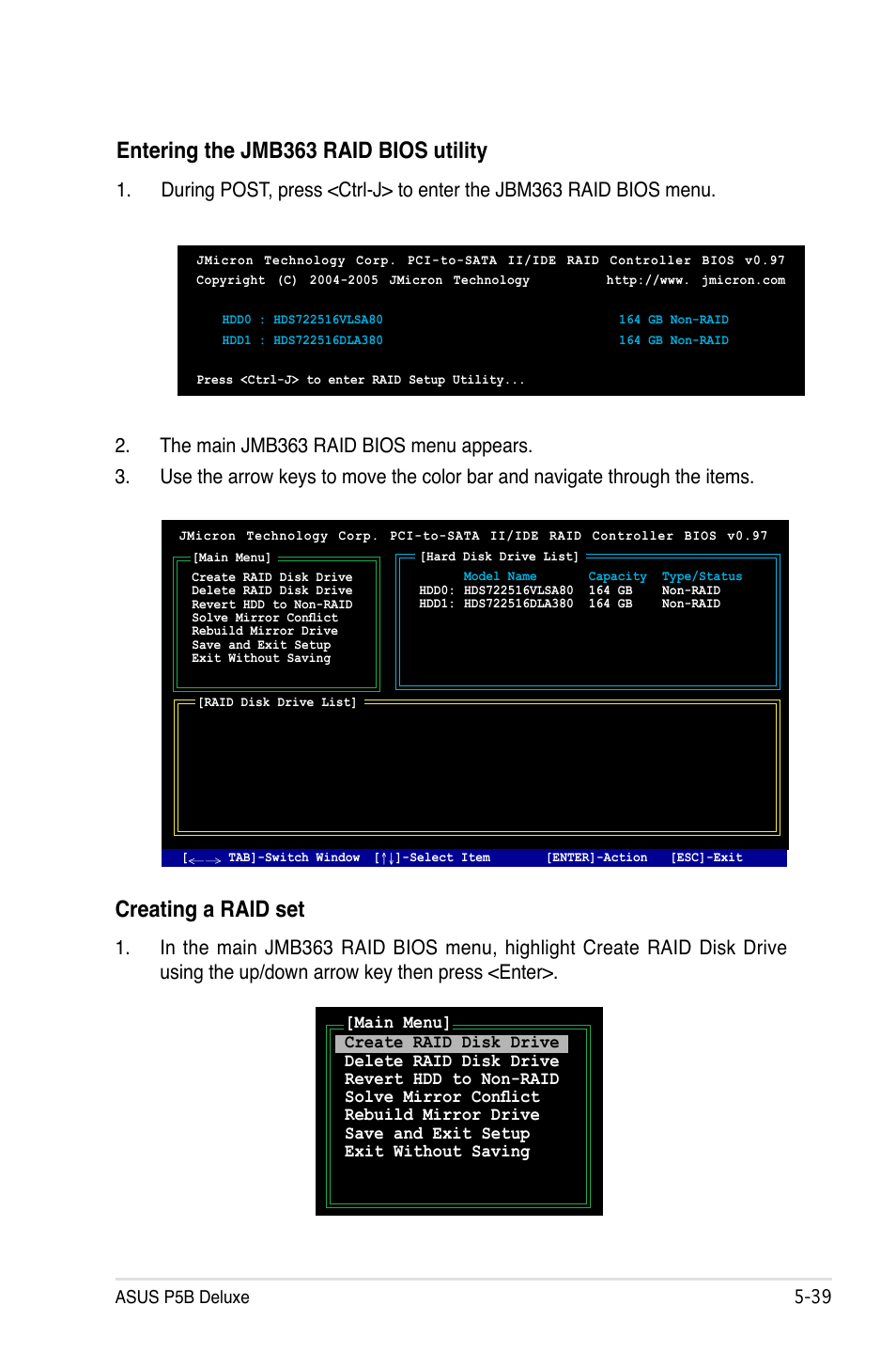 Entering the jmb363 raid bios utility, Creating a raid set | Asus P5B Deluxe/WiFi-AP User Manual | Page 149 / 164