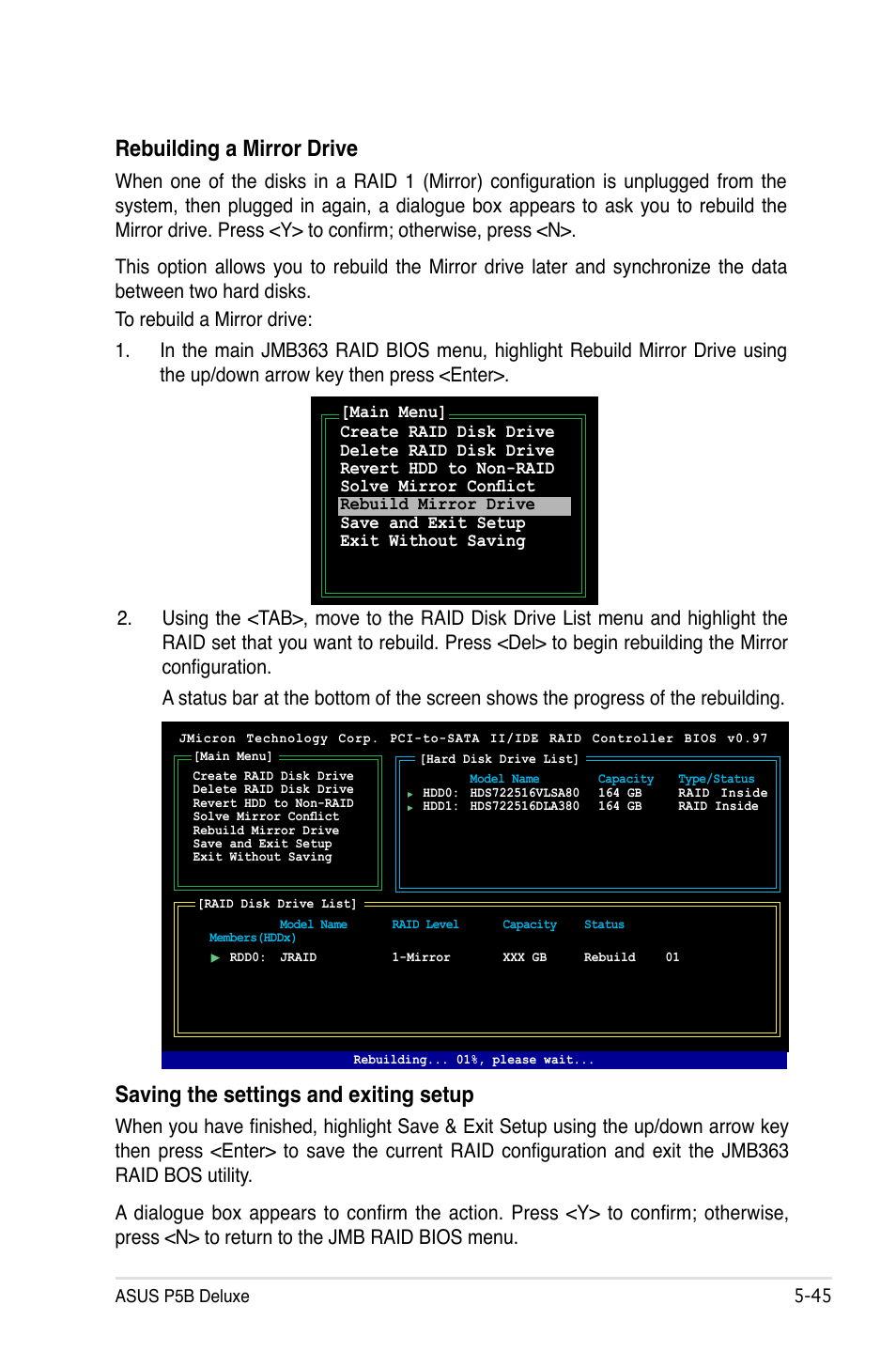 Saving the settings and exiting setup, Rebuilding a mirror drive | Asus P5B Deluxe/WiFi-AP User Manual | Page 155 / 164