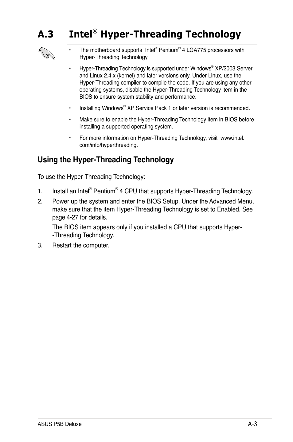 A.3 intel, Hyper-threading technology, Using the hyper-threading technology | Asus P5B Deluxe/WiFi-AP User Manual | Page 163 / 164