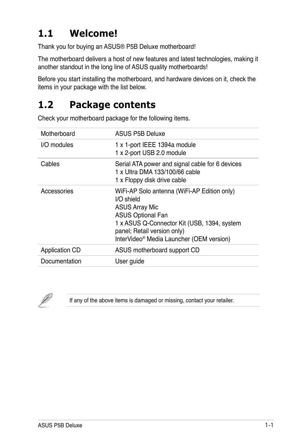 1 welcome, 2 package contents | Asus P5B Deluxe/WiFi-AP User Manual | Page 17 / 164