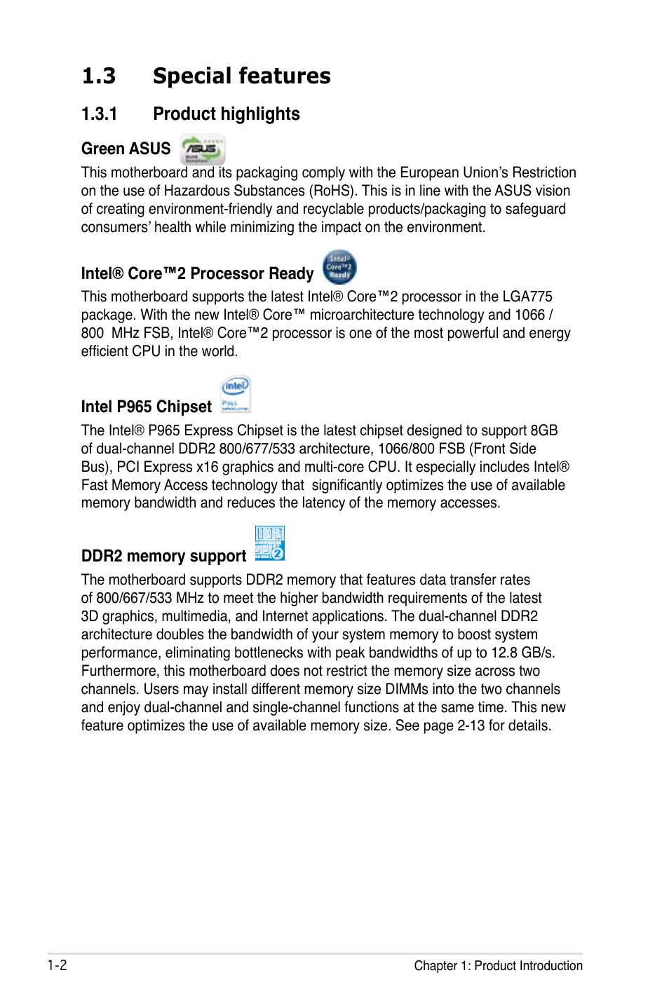 3 special features, 1 product highlights | Asus P5B Deluxe/WiFi-AP User Manual | Page 18 / 164