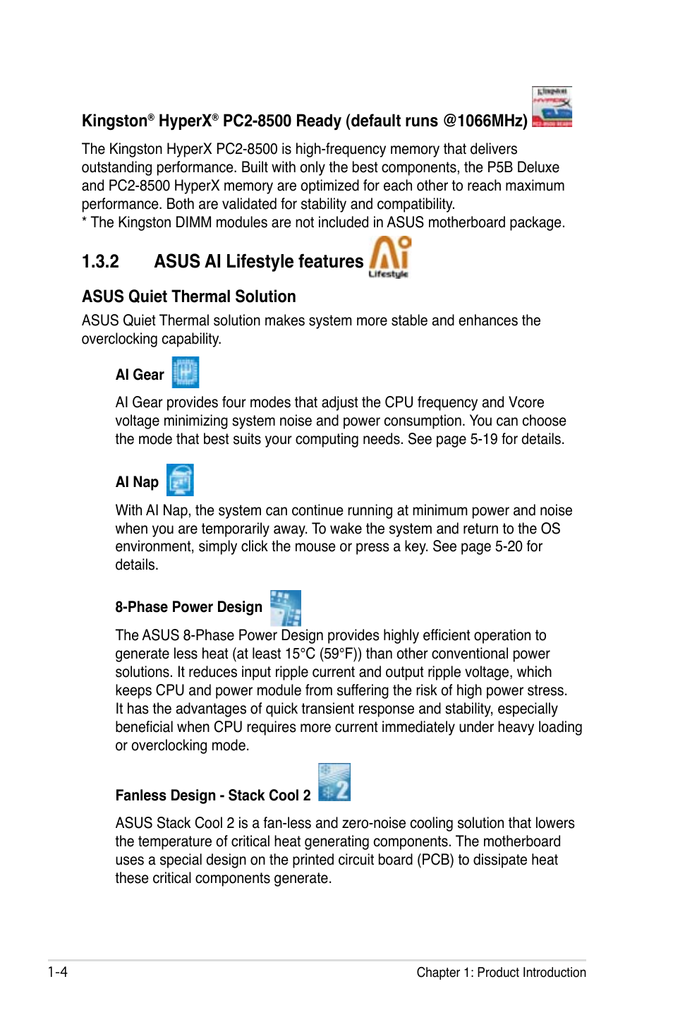 2 asus ai lifestyle features | Asus P5B Deluxe/WiFi-AP User Manual | Page 20 / 164