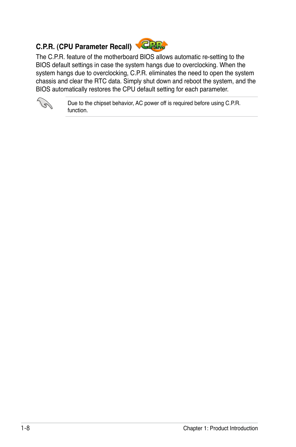 C.p.r. (cpu parameter recall) | Asus P5B Deluxe/WiFi-AP User Manual | Page 24 / 164