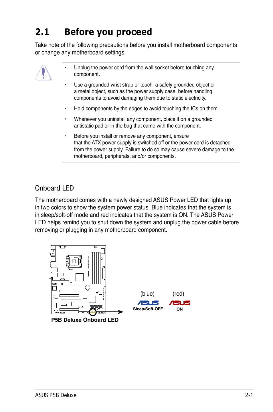 1 before you proceed, Onboard led | Asus P5B Deluxe/WiFi-AP User Manual | Page 27 / 164