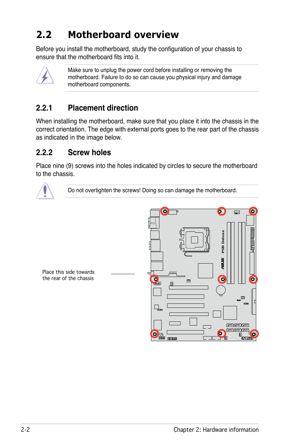 2 motherboard overview, 1 placement direction, 2 screw holes | Asus P5B Deluxe/WiFi-AP User Manual | Page 28 / 164