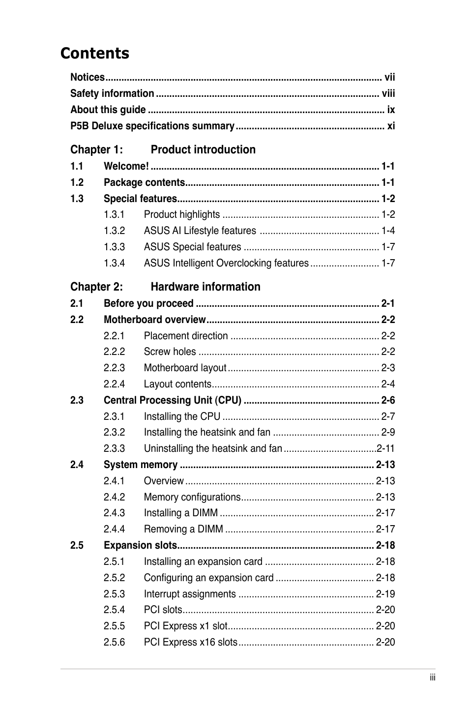 Asus P5B Deluxe/WiFi-AP User Manual | Page 3 / 164