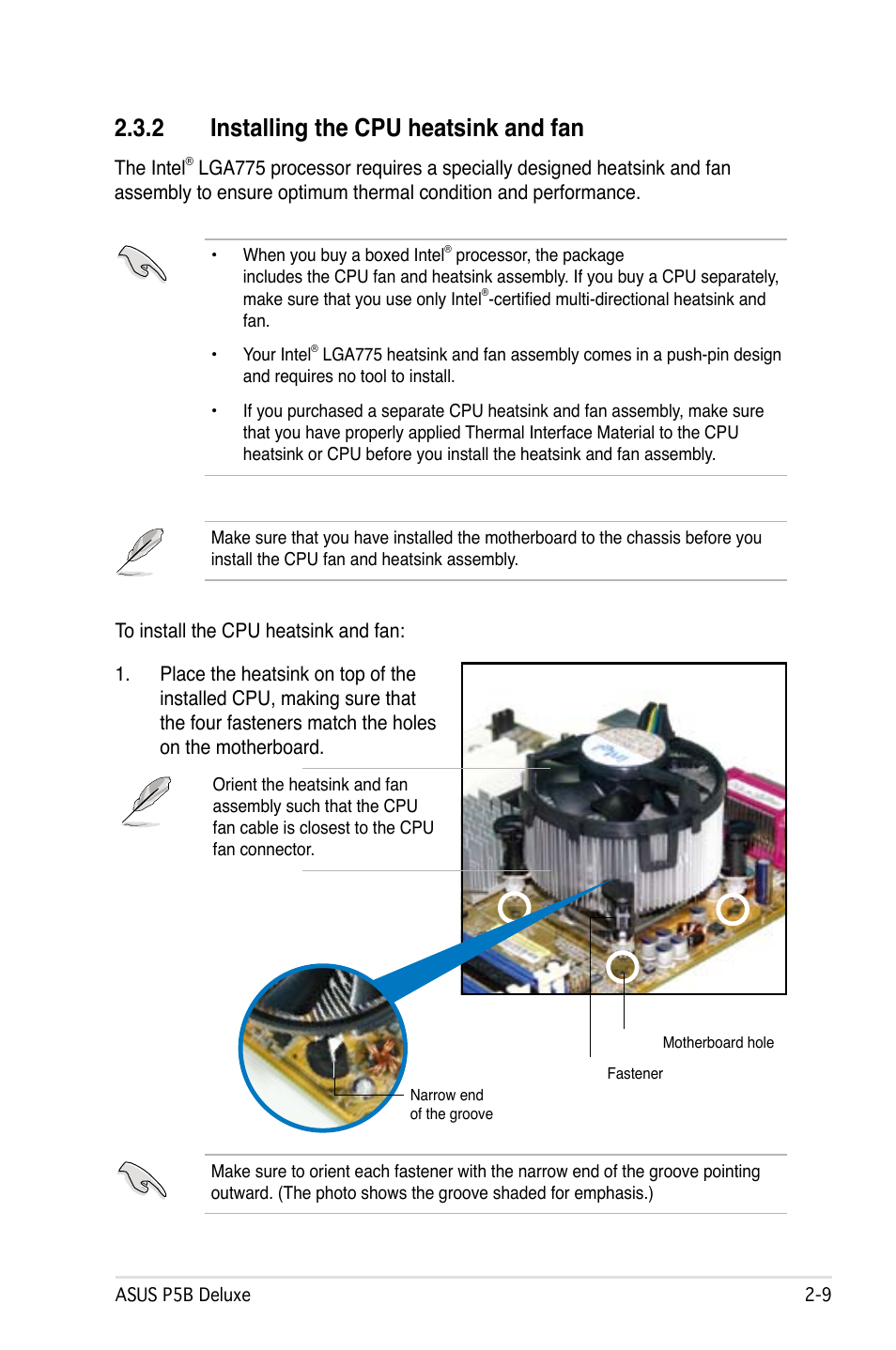 2 installing the cpu heatsink and fan | Asus P5B Deluxe/WiFi-AP User Manual | Page 35 / 164