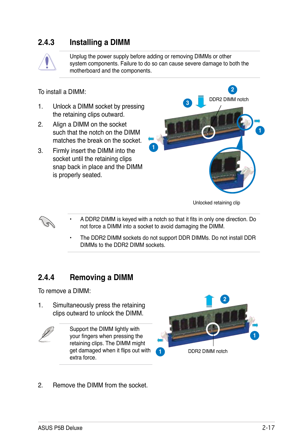 3 installing a dimm, 4 removing a dimm | Asus P5B Deluxe/WiFi-AP User Manual | Page 43 / 164