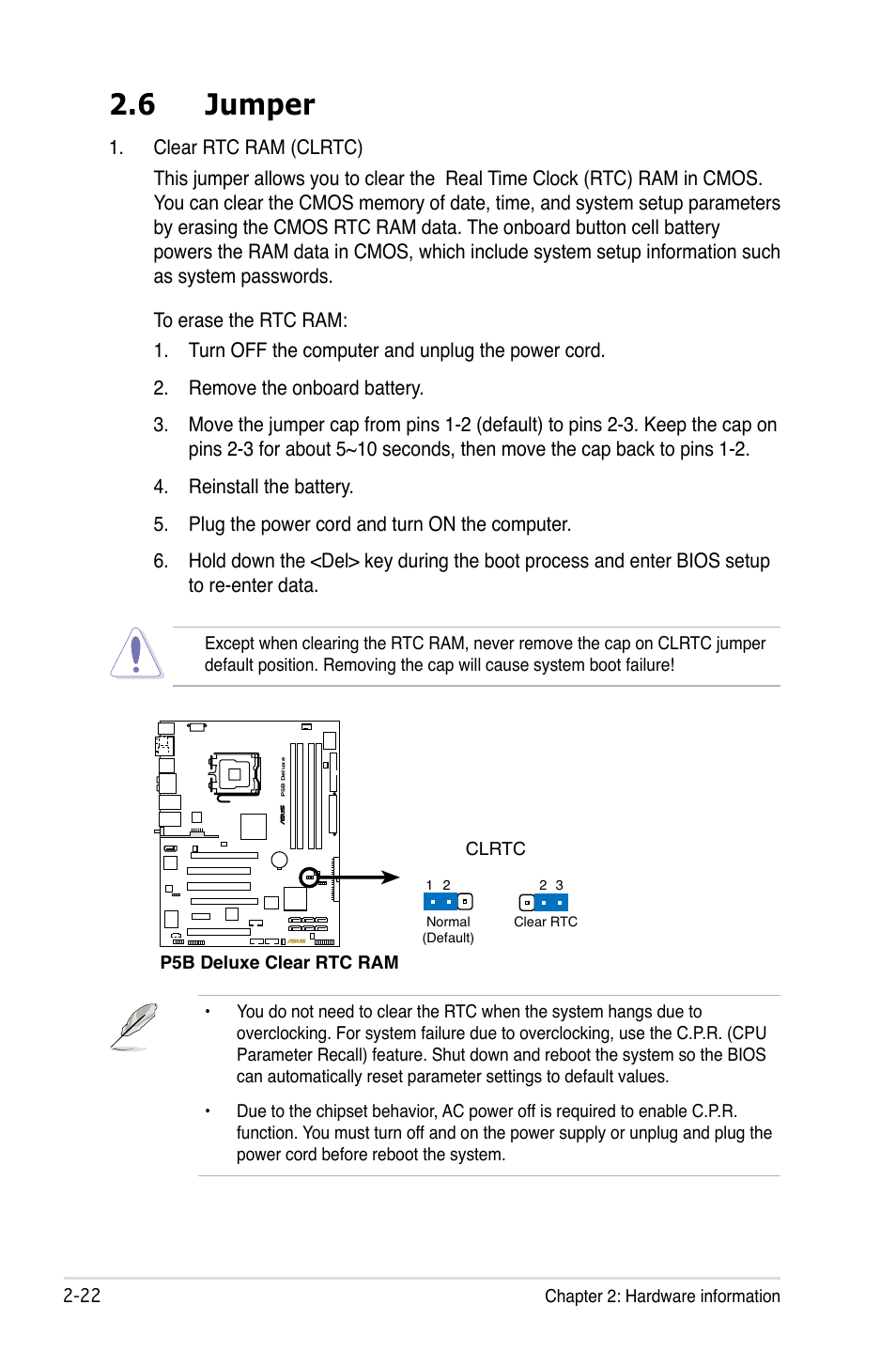 6 jumper | Asus P5B Deluxe/WiFi-AP User Manual | Page 48 / 164