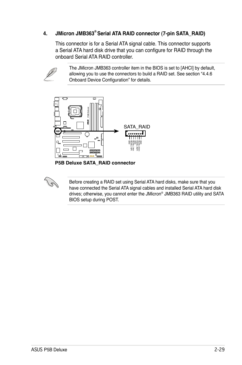 Jmicron jmb363, Asus p5b deluxe, P5b deluxe sata_raid connector sata_raid | Asus P5B Deluxe/WiFi-AP User Manual | Page 55 / 164