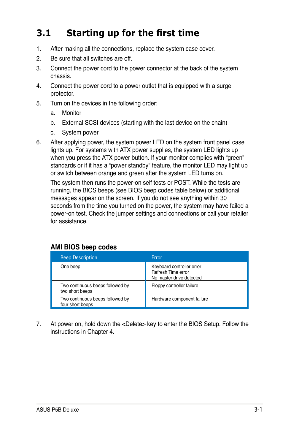 1 starting up for the first time, Ami bios beep codes | Asus P5B Deluxe/WiFi-AP User Manual | Page 67 / 164