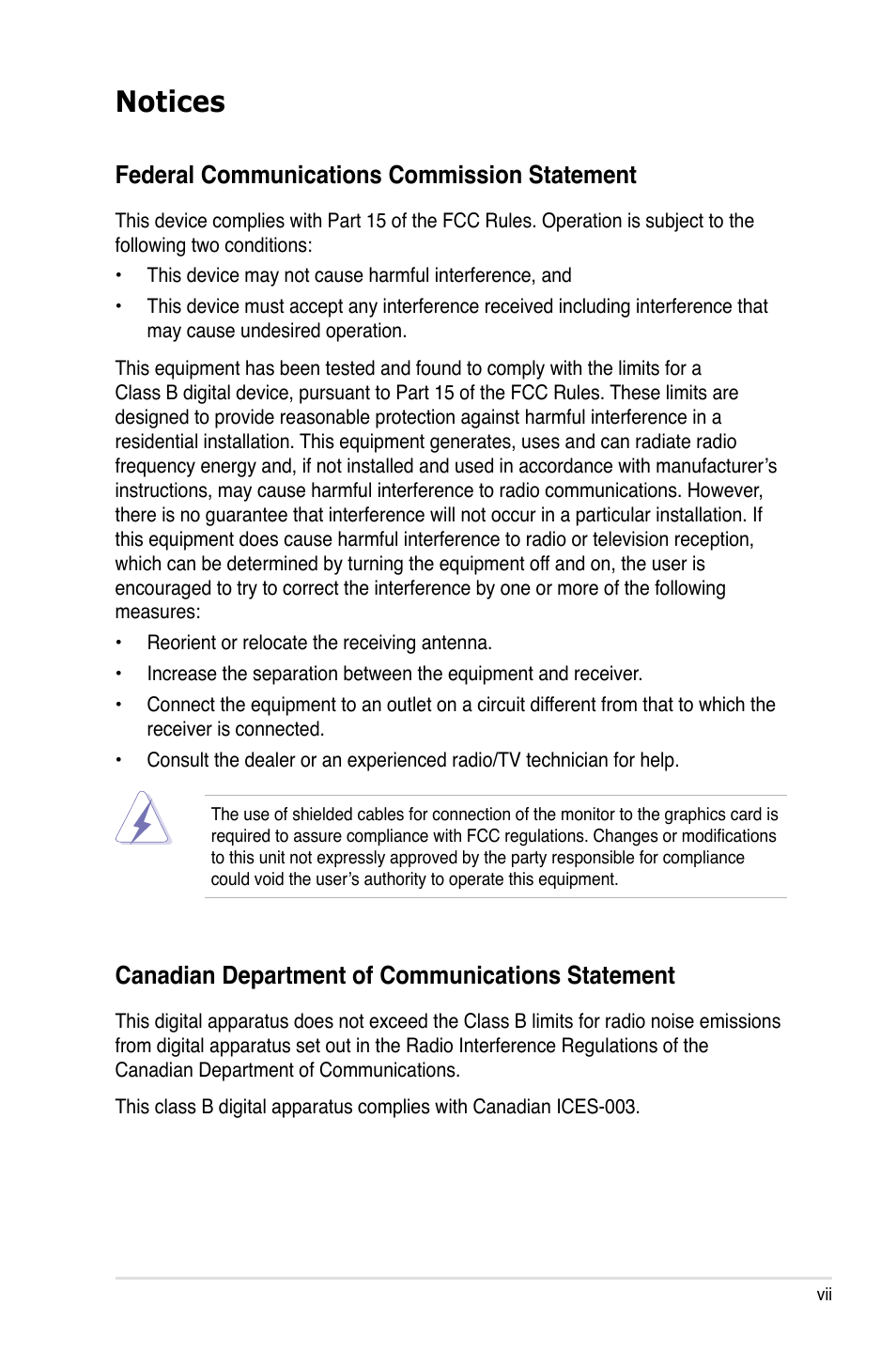 Notices, Federal communications commission statement, Canadian department of communications statement | Asus P5B Deluxe/WiFi-AP User Manual | Page 7 / 164