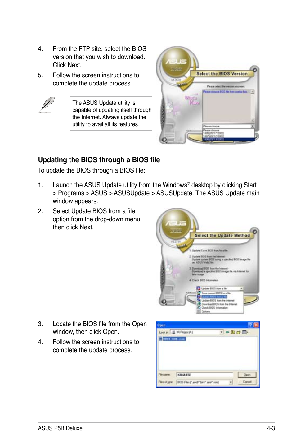Updating the bios through a bios file | Asus P5B Deluxe/WiFi-AP User Manual | Page 73 / 164