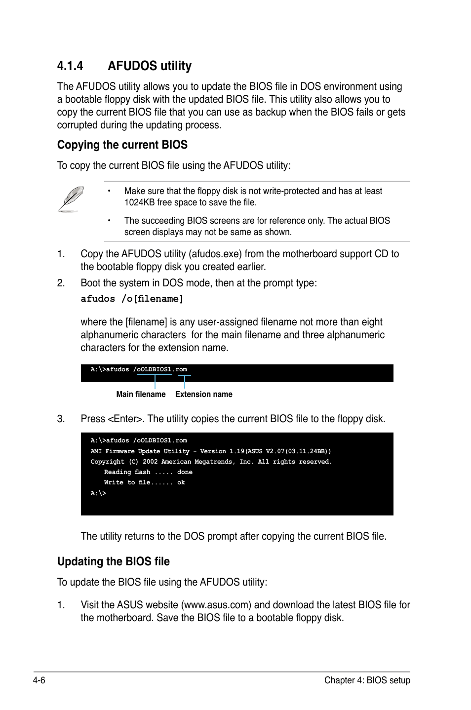 4 afudos utility, Copying the current bios, Updating the bios file | Asus P5B Deluxe/WiFi-AP User Manual | Page 76 / 164
