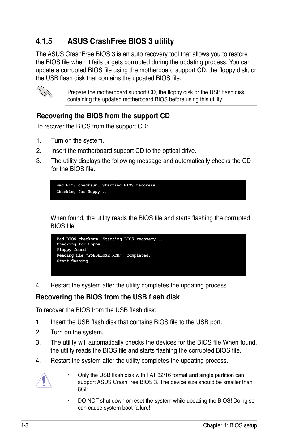 5 asus crashfree bios 3 utility, Recovering the bios from the support cd, Recovering the bios from the usb flash disk | Asus P5B Deluxe/WiFi-AP User Manual | Page 78 / 164