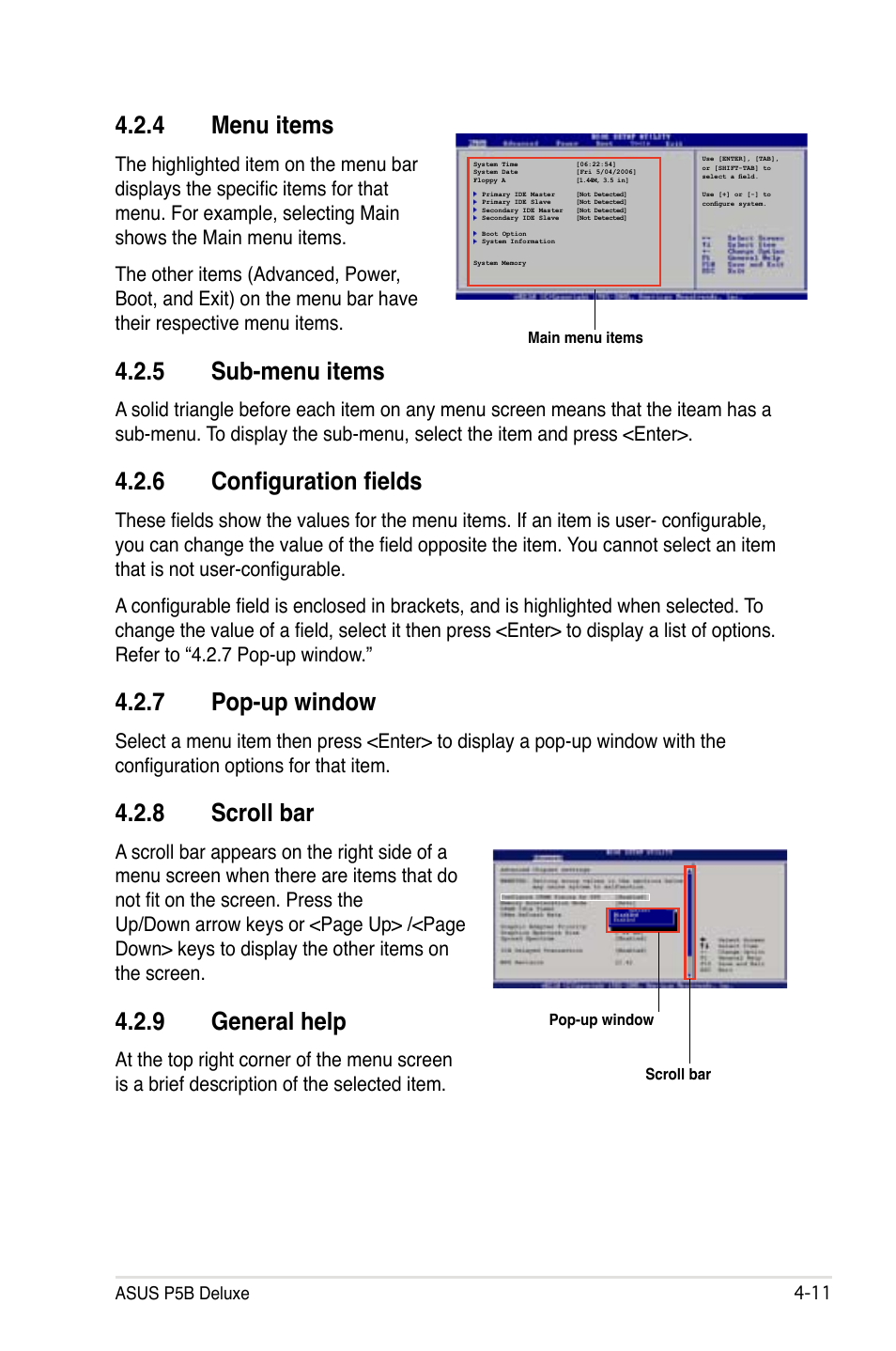 4 menu items, 5 sub-menu items, 6 configuration fields | 7 pop-up window, 8 scroll bar, 9 general help | Asus P5B Deluxe/WiFi-AP User Manual | Page 81 / 164