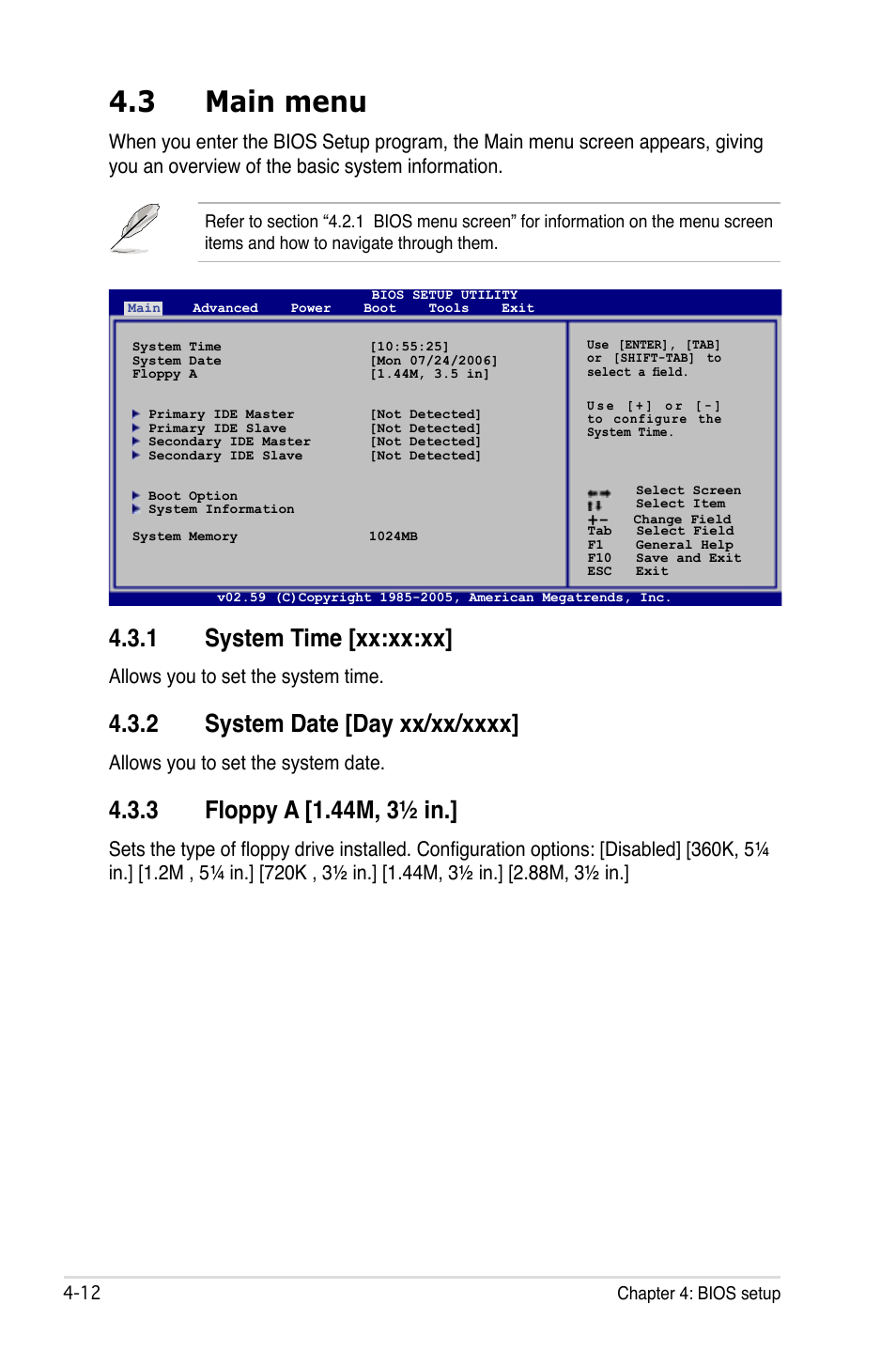 3 main menu, 1 system time [xx:xx:xx, Allows you to set the system time | Allows you to set the system date | Asus P5B Deluxe/WiFi-AP User Manual | Page 82 / 164