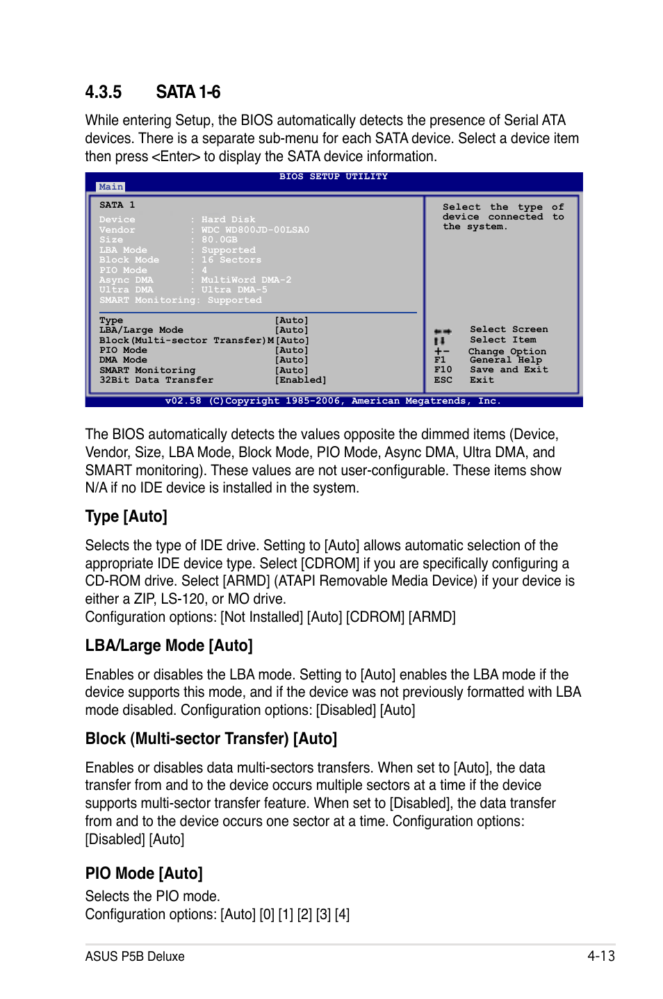 5 sata 1-6, Type [auto, Lba/large mode [auto | Block (multi-sector transfer) [auto, Pio mode [auto | Asus P5B Deluxe/WiFi-AP User Manual | Page 83 / 164