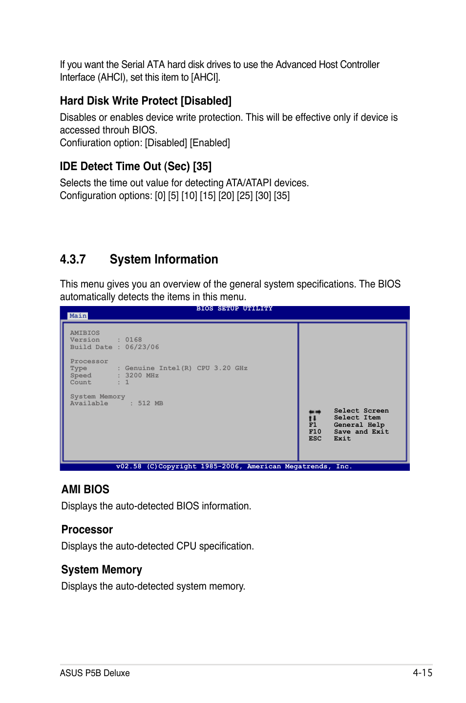 7 system information, Ami bios, Processor | Hard disk write protect [disabled, Ide detect time out (sec) [35 | Asus P5B Deluxe/WiFi-AP User Manual | Page 85 / 164