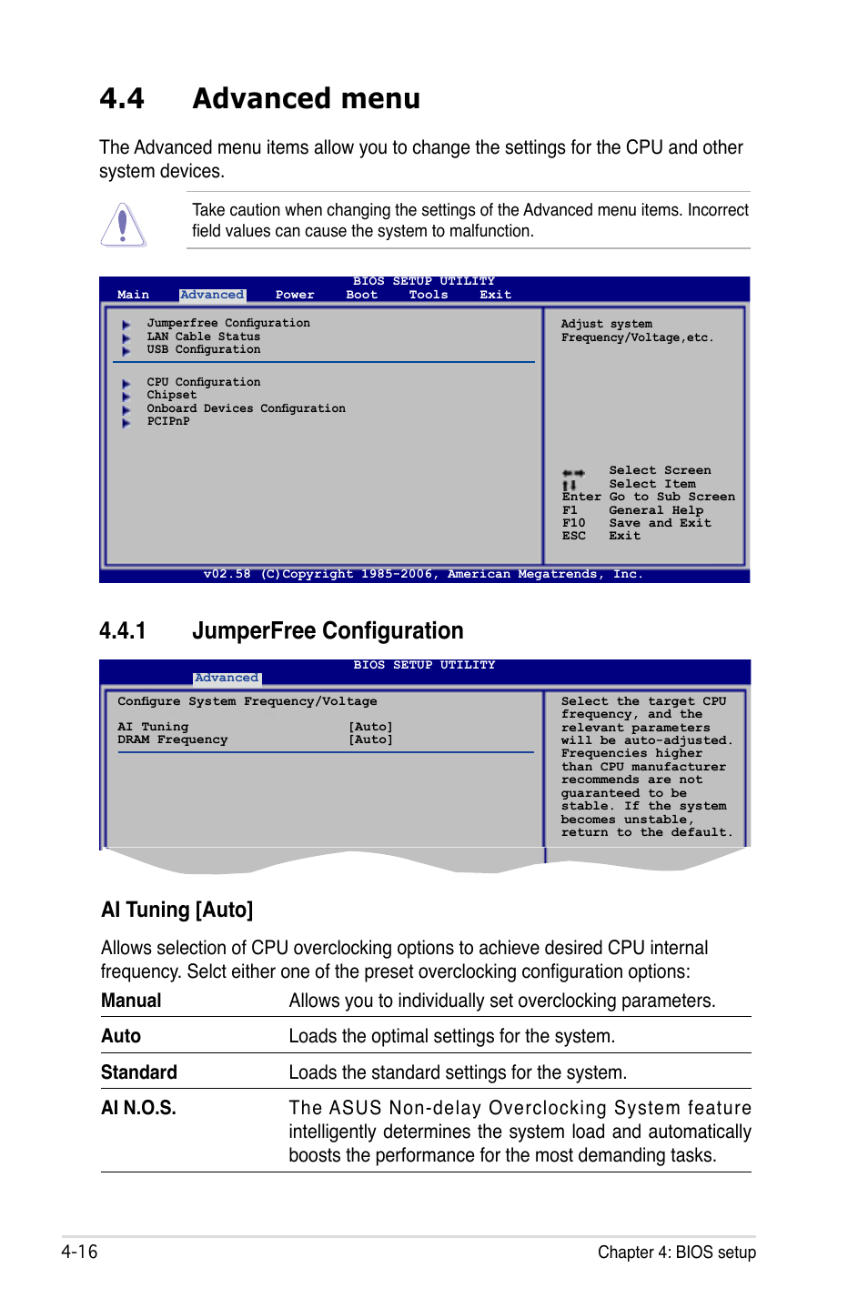 4 advanced menu, 1 jumperfree configuration, Ai tuning [auto | Asus P5B Deluxe/WiFi-AP User Manual | Page 86 / 164