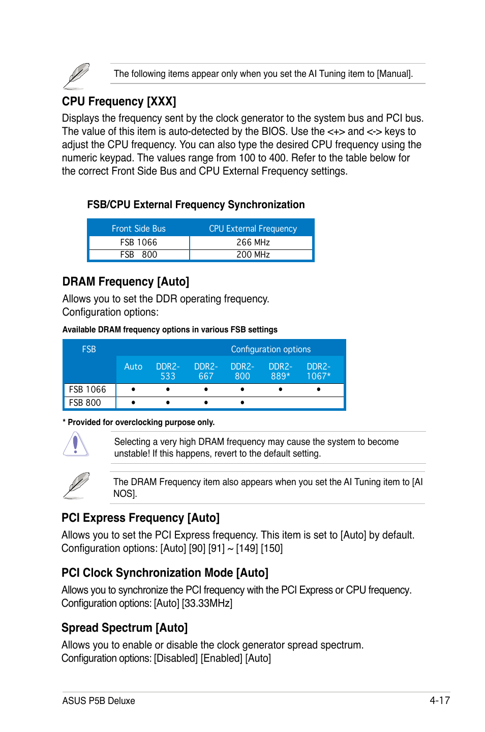 Cpu frequency [xxx, Dram frequency [auto, Pci express frequency [auto | Pci clock synchronization mode [auto, Spread spectrum [auto | Asus P5B Deluxe/WiFi-AP User Manual | Page 87 / 164