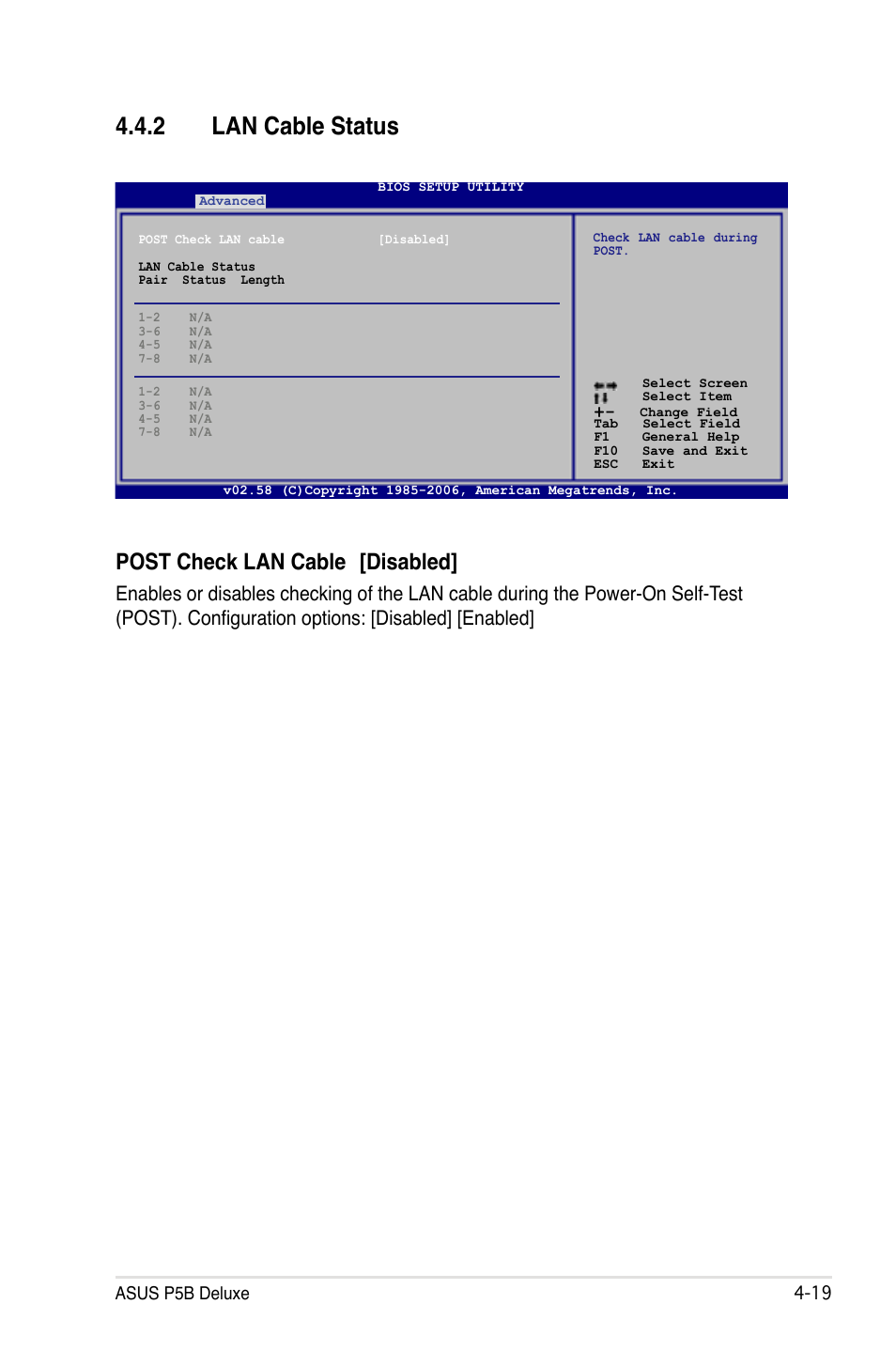 2 lan cable status, Post check lan cable [disabled | Asus P5B Deluxe/WiFi-AP User Manual | Page 89 / 164