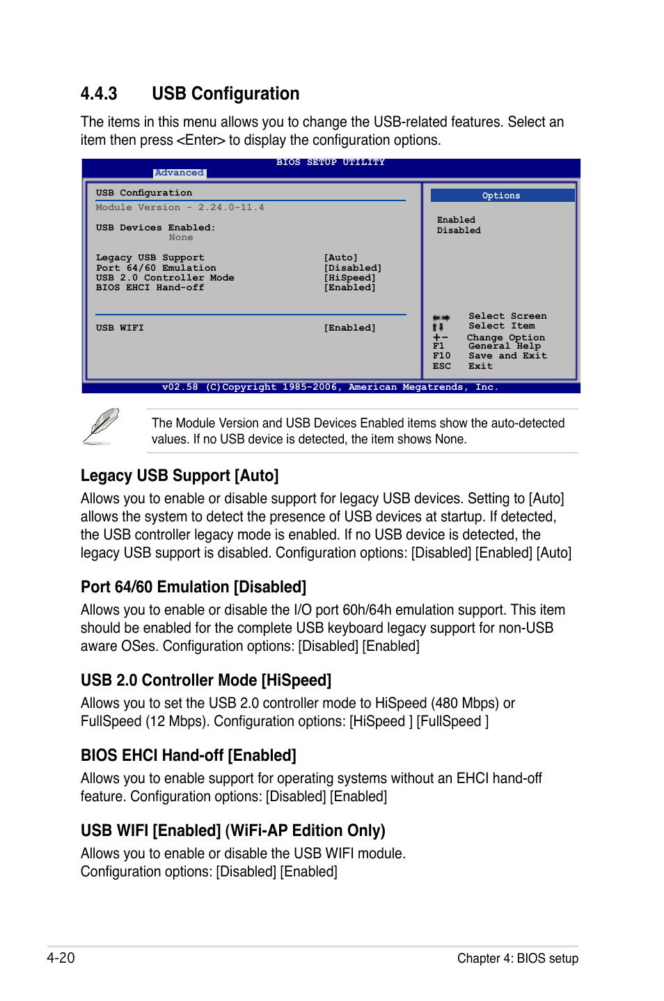 3 usb configuration, Legacy usb support [auto, Port 64/60 emulation [disabled | Usb 2.0 controller mode [hispeed, Bios ehci hand-off [enabled, Usb wifi [enabled] (wifi-ap edition only) | Asus P5B Deluxe/WiFi-AP User Manual | Page 90 / 164