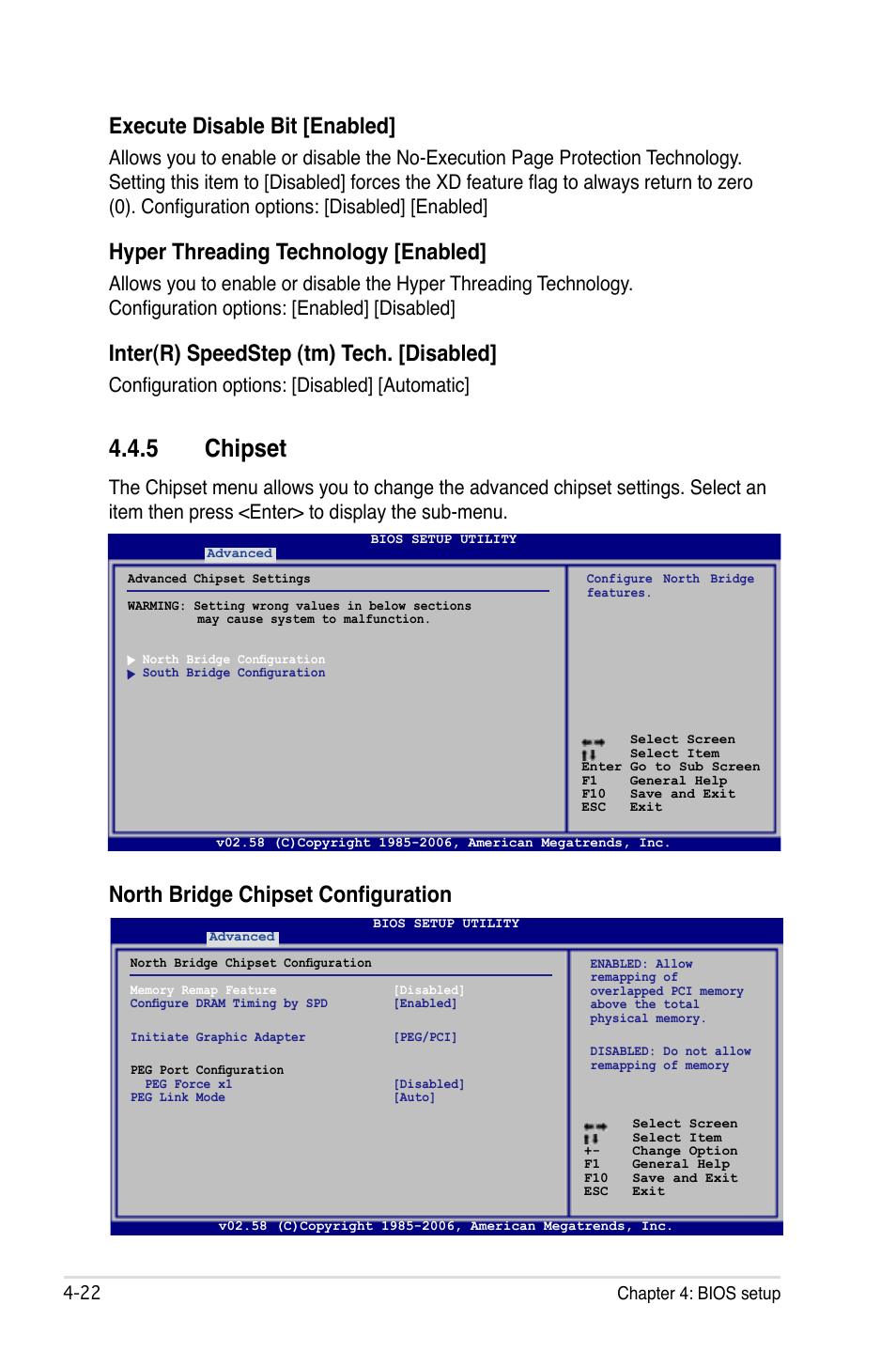 5 chipset, North bridge chipset configuration, Execute disable bit [enabled | Hyper threading technology [enabled, Inter(r) speedstep (tm) tech. [disabled, Configuration options: [disabled] [automatic | Asus P5B Deluxe/WiFi-AP User Manual | Page 92 / 164