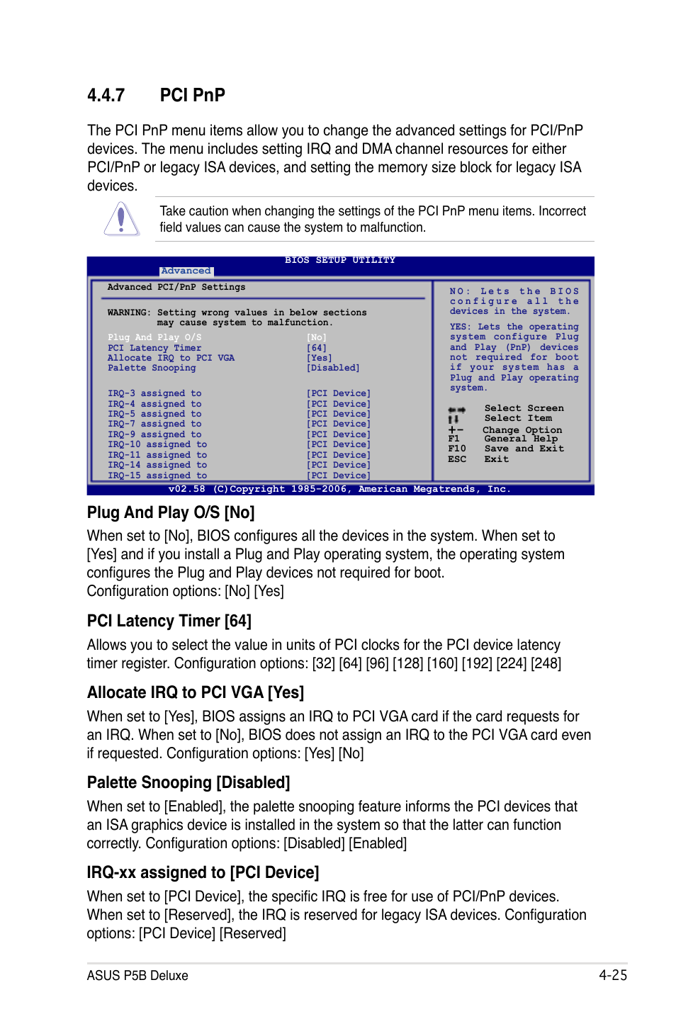 7 pci pnp, Plug and play o/s [no, Pci latency timer [64 | Allocate irq to pci vga [yes, Palette snooping [disabled, Irq-xx assigned to [pci device | Asus P5B Deluxe/WiFi-AP User Manual | Page 95 / 164