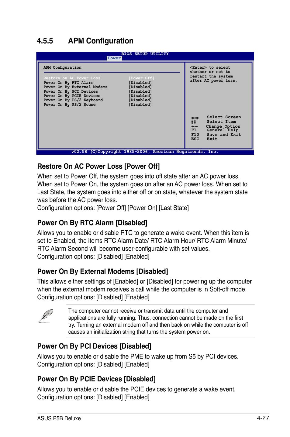 5 apm configuration, Restore on ac power loss [power off, Power on by rtc alarm [disabled | Power on by external modems [disabled, Power on by pci devices [disabled, Power on by pcie devices [disabled | Asus P5B Deluxe/WiFi-AP User Manual | Page 97 / 164