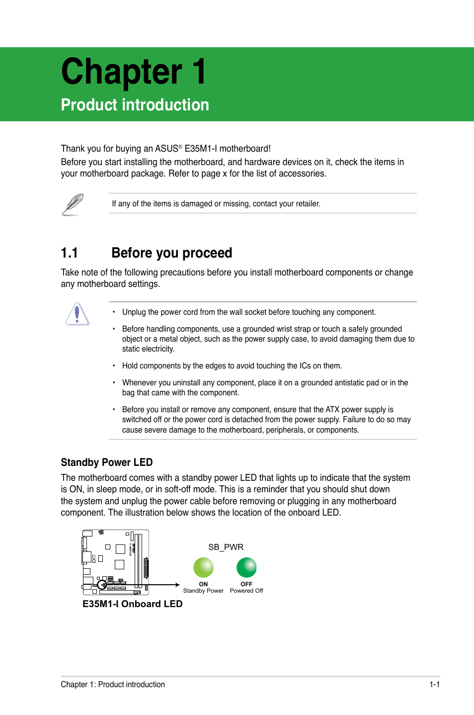 Chapter 1, Product introduction, 1 before you proceed | Before you proceed -1 | Asus E35M1-I User Manual | Page 11 / 50