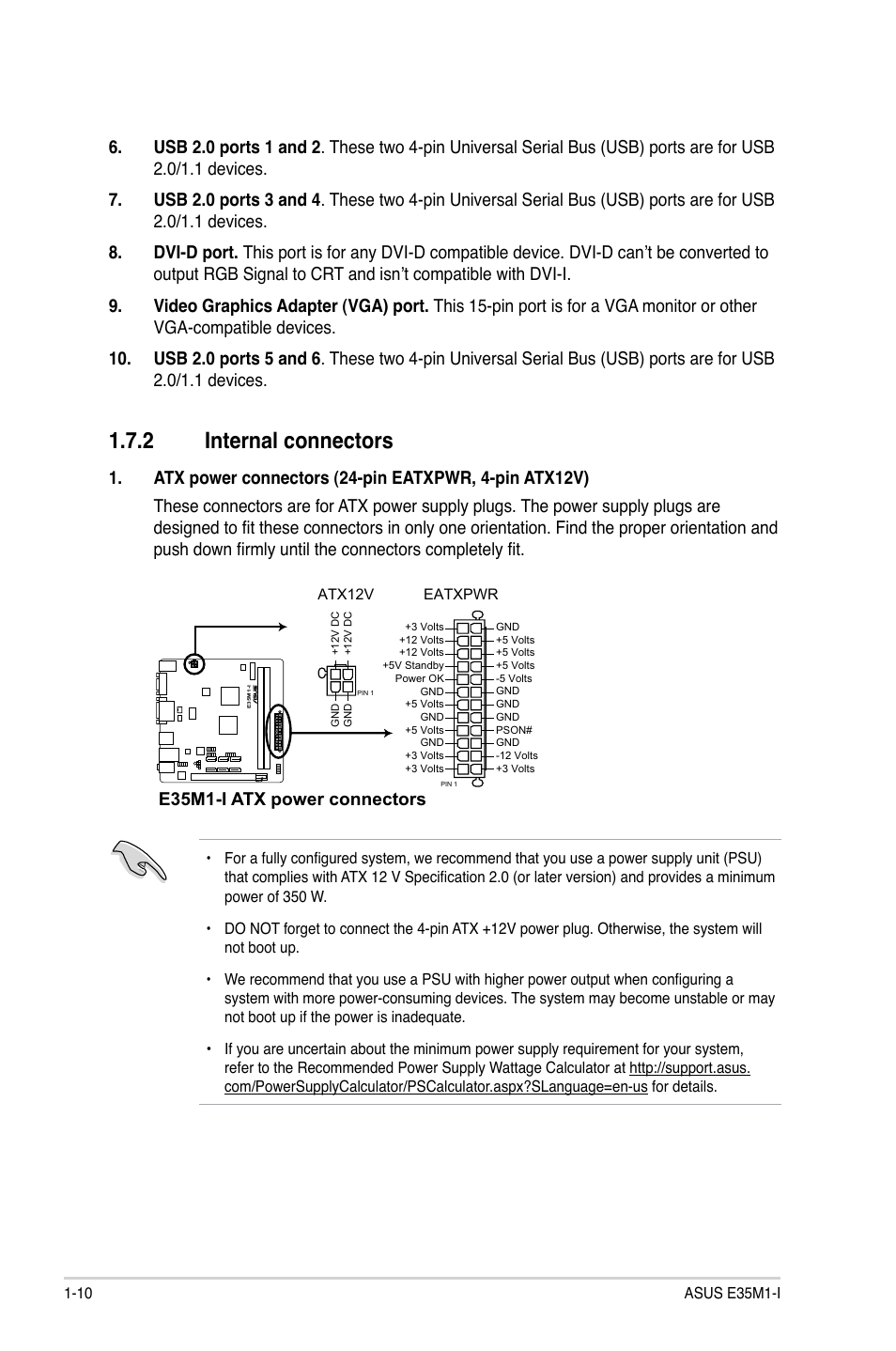 2 internal connectors, Internal connectors -10, E35m1-i atx power connectors | Asus E35M1-I User Manual | Page 20 / 50