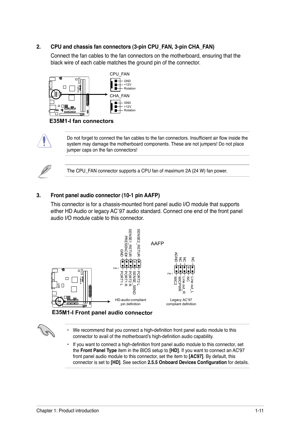 E35m1-i fan connectors, E35m1-i front panel audio connector | Asus E35M1-I User Manual | Page 21 / 50