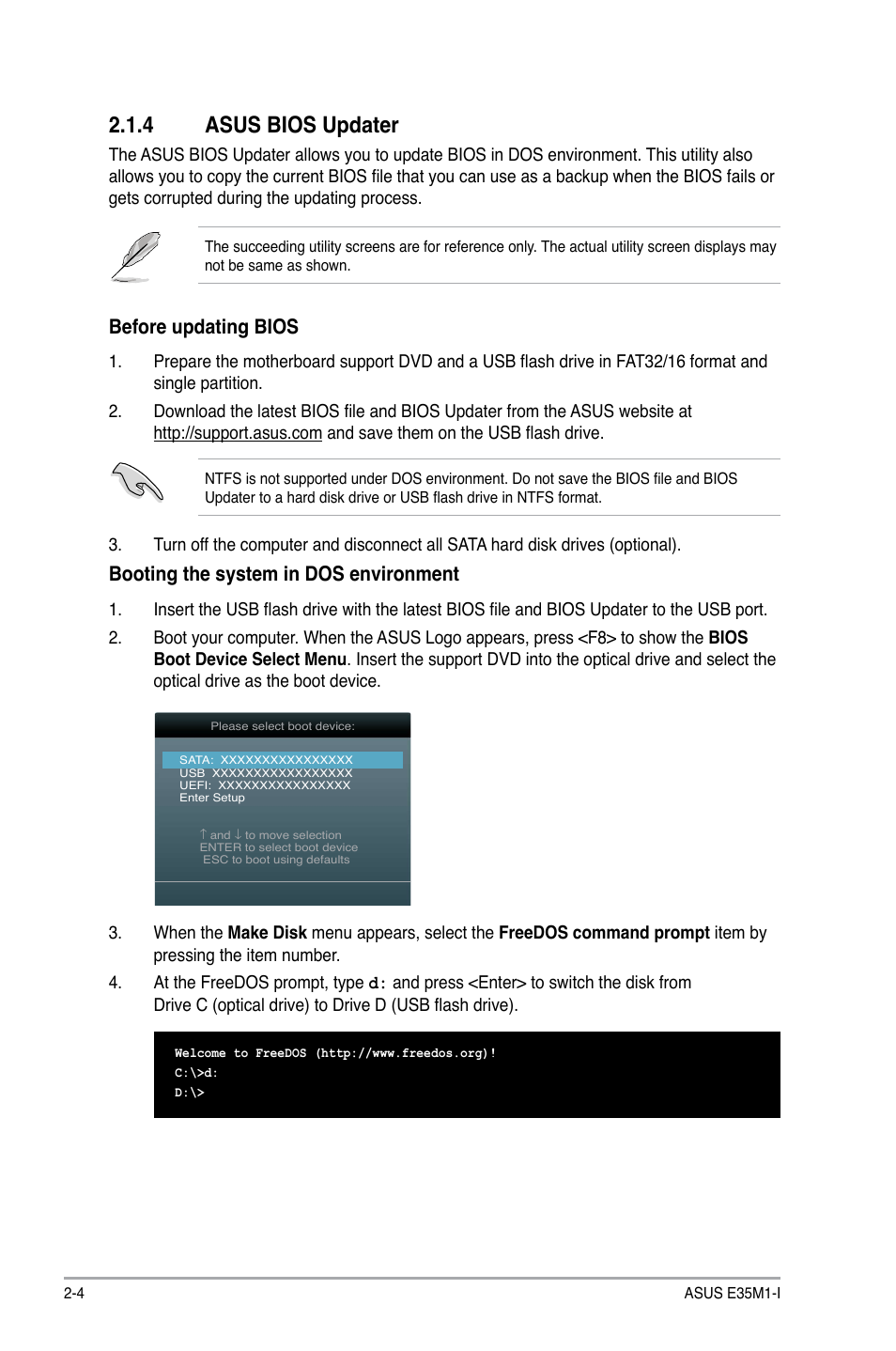 4 asus bios updater, Asus bios updater -4, Before updating bios | Booting the system in dos environment | Asus E35M1-I User Manual | Page 28 / 50