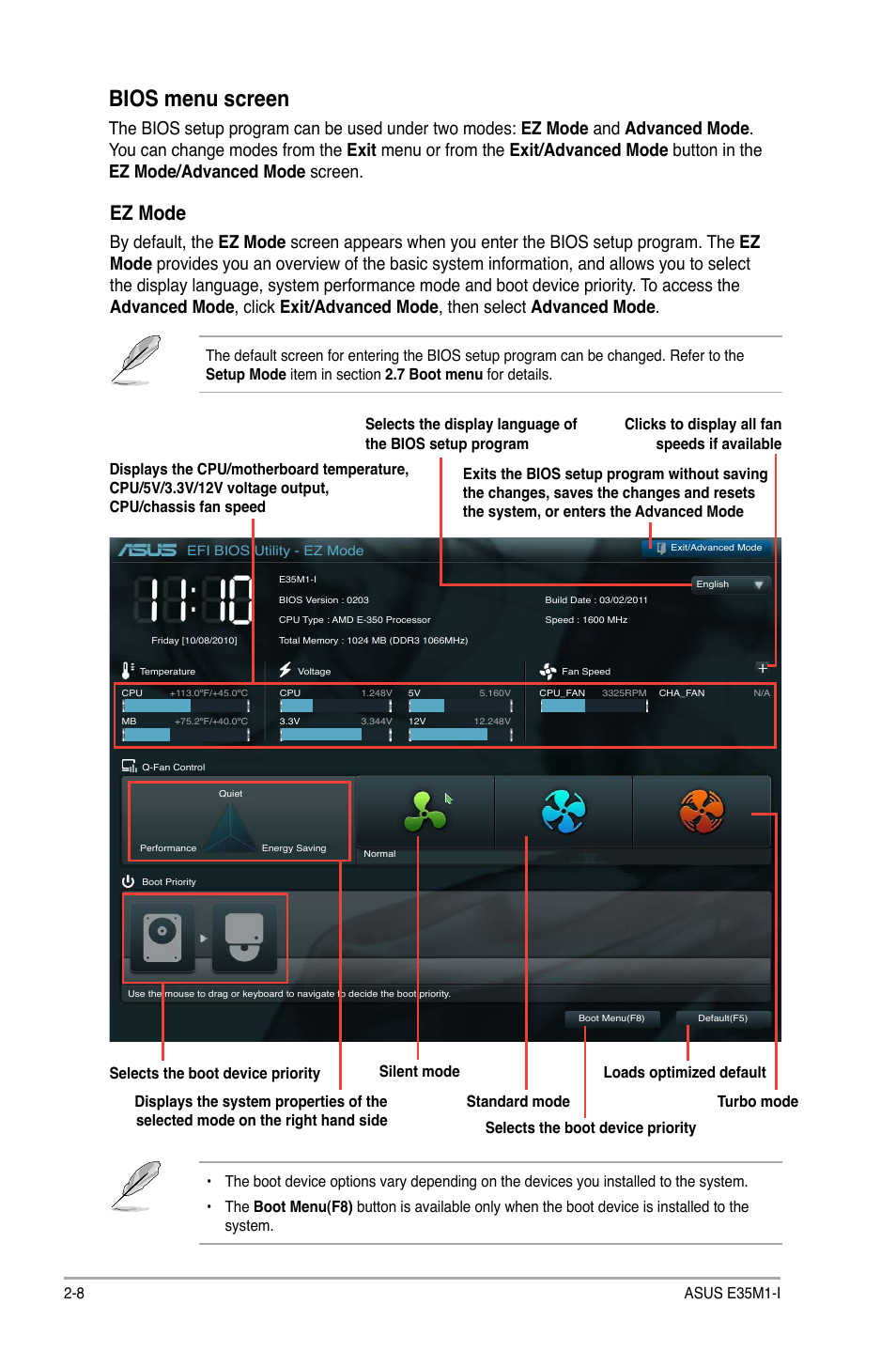 Bios menu screen, Ez mode, 8 asus e35m1-i | Asus E35M1-I User Manual | Page 32 / 50