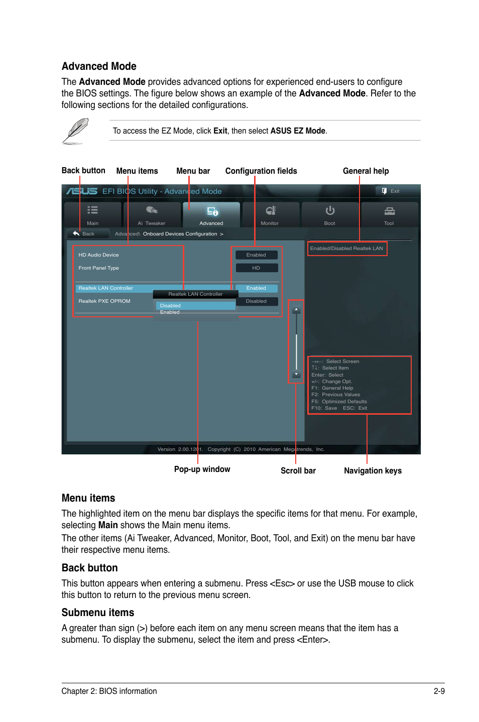 Advanced mode, Menu items, Back button | Submenu items | Asus E35M1-I User Manual | Page 33 / 50