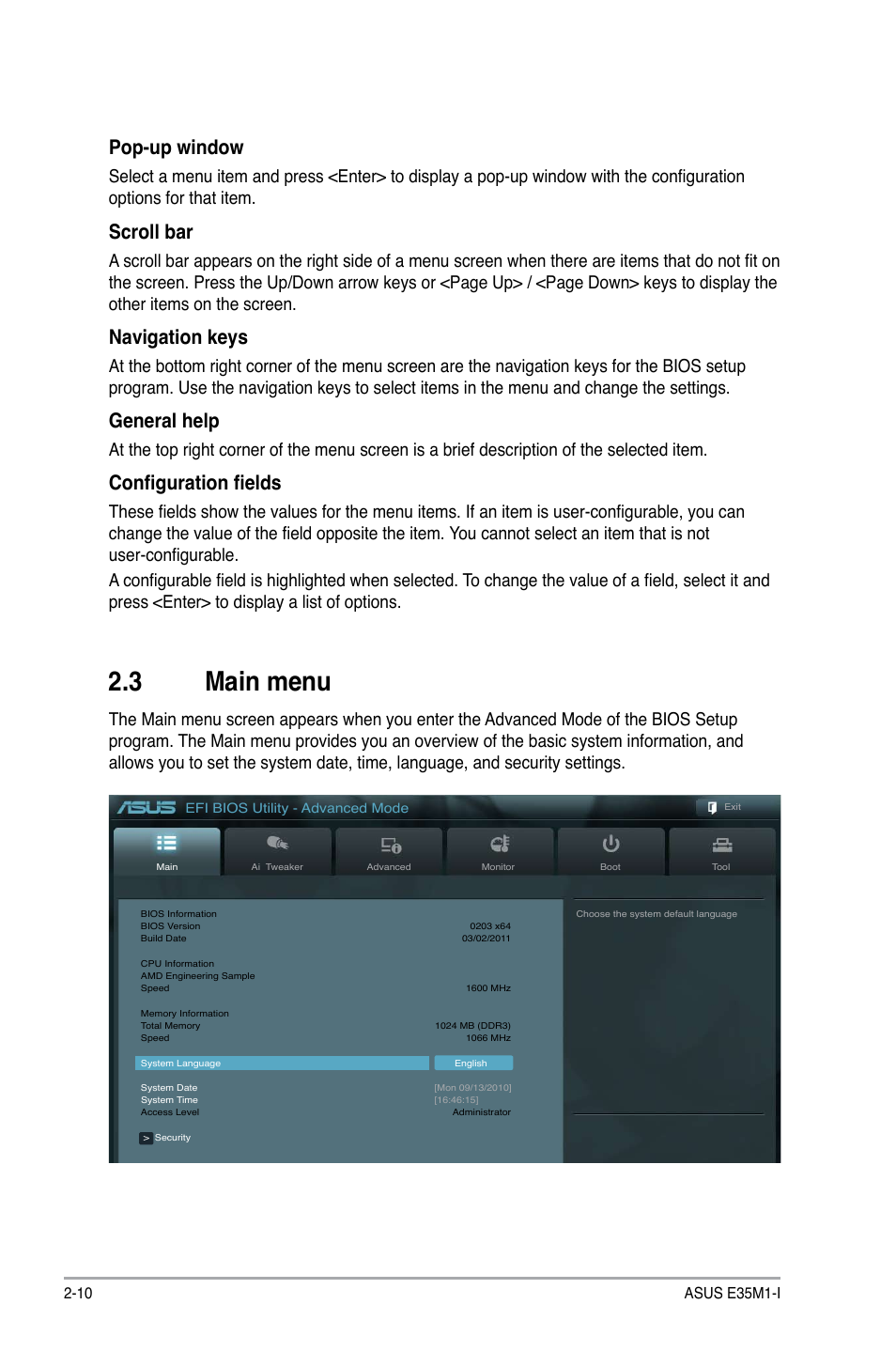 3 main menu, Main menu -10, Pop-up window | Scroll bar, Navigation keys, General help, Configuration fields | Asus E35M1-I User Manual | Page 34 / 50