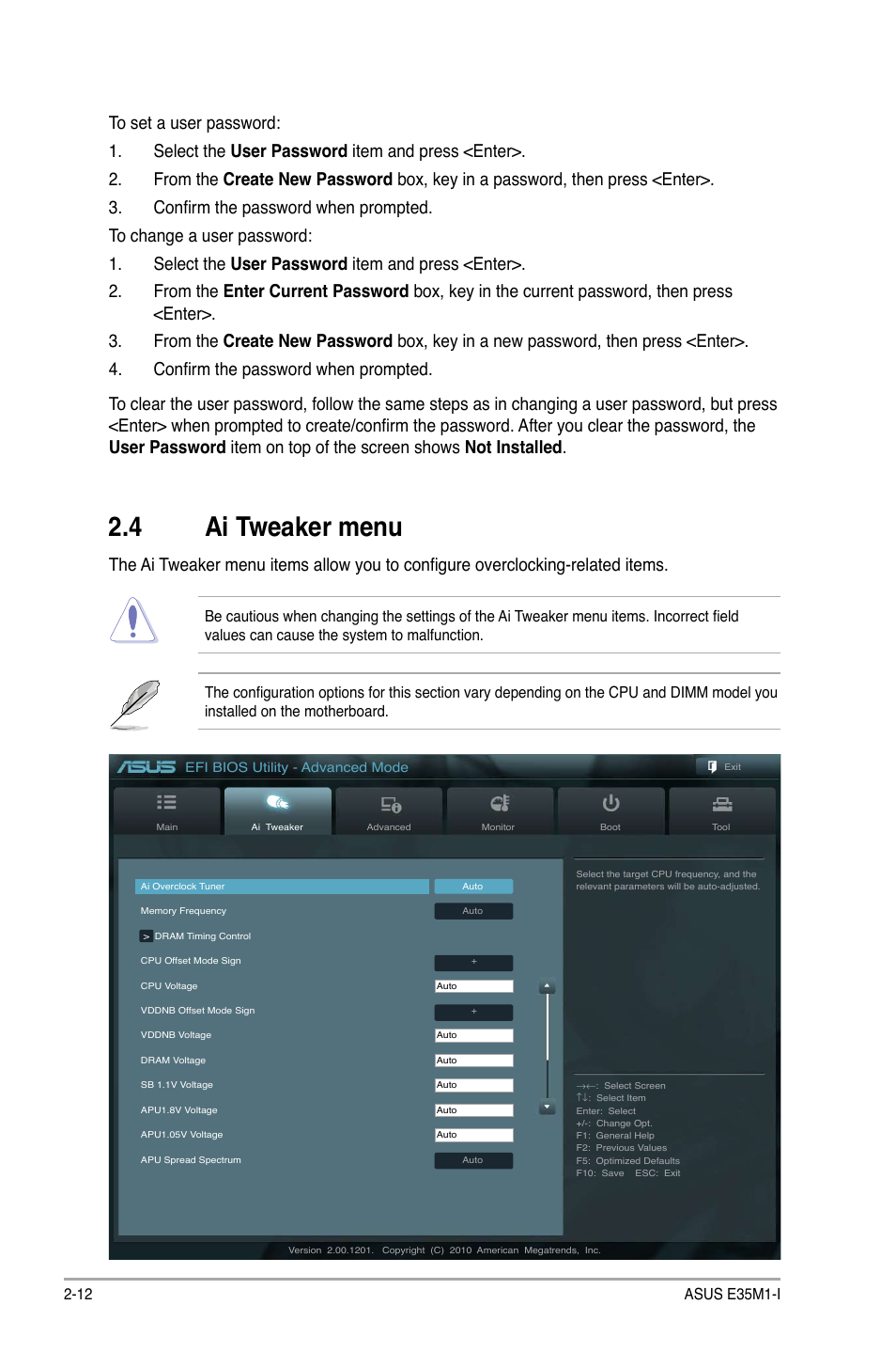 4 ai tweaker menu, Ai tweaker menu -12 | Asus E35M1-I User Manual | Page 36 / 50