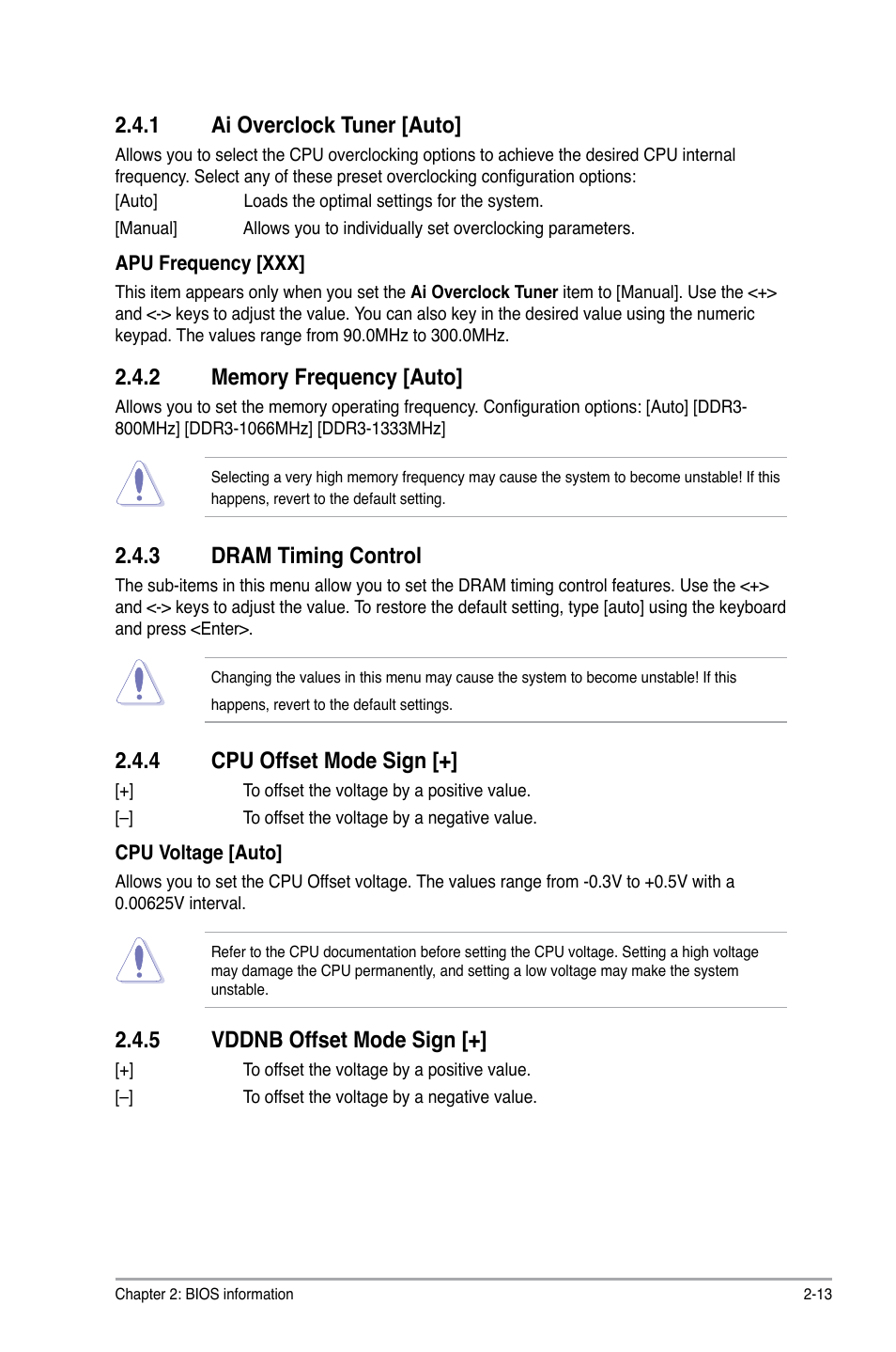 1 ai overclock tuner [auto, 2 memory frequency [auto, 3 dram timing control | 4 cpu offset mode sign, 5 vddnb offset mode sign, Ai overclock tuner [auto] -13, Memory frequency [auto] -13, Dram timing control -13, Cpu offset mode sign [+] -13, Vddnb offset mode sign [+] -13 | Asus E35M1-I User Manual | Page 37 / 50