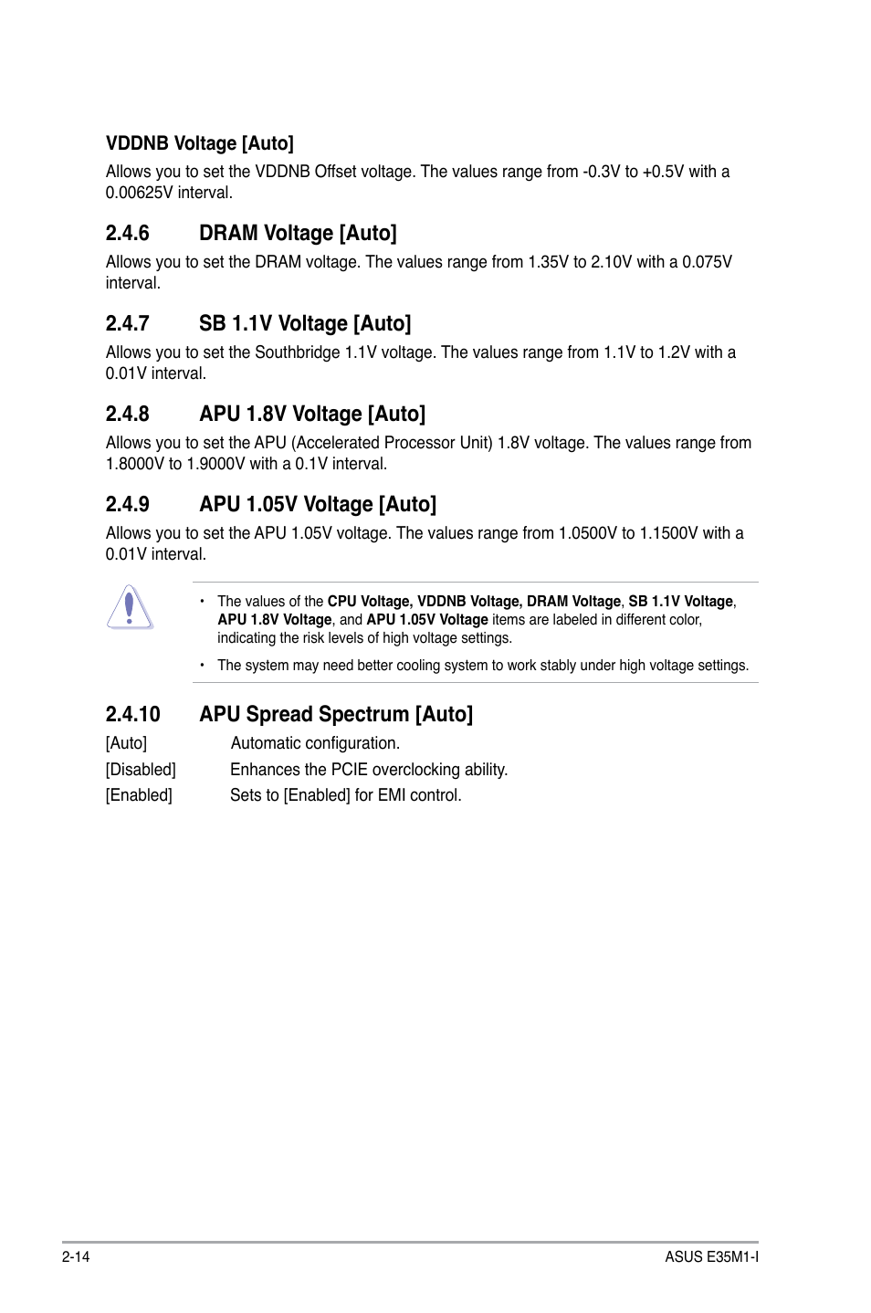 6 dram voltage [auto, 7 sb 1.1v voltage [auto, 8 apu 1.8v voltage [auto | 9 apu 1.05v voltage [auto, 10 apu spread spectrum [auto, Dram voltage [auto] -14, Sb 1.1v voltage [auto] -14, Apu 1.8v voltage [auto] -14, Apu 1.05v voltage [auto] -14, 10 apu spread spectrum [auto] -14 | Asus E35M1-I User Manual | Page 38 / 50