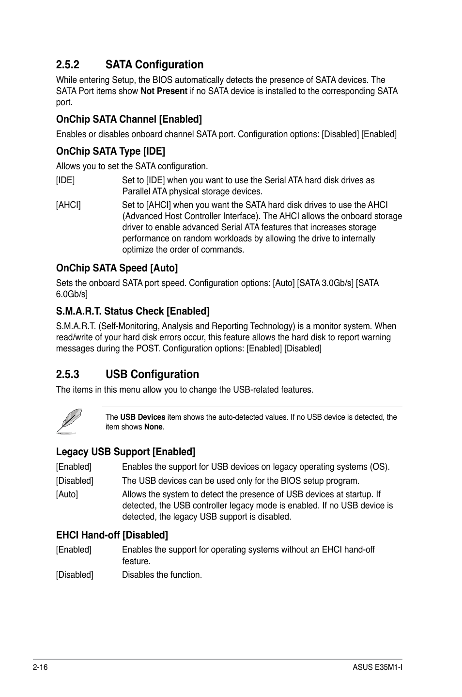 2 sata configuration, 3 usb configuration, Sata configuration -16 | Usb configuration -16 | Asus E35M1-I User Manual | Page 40 / 50