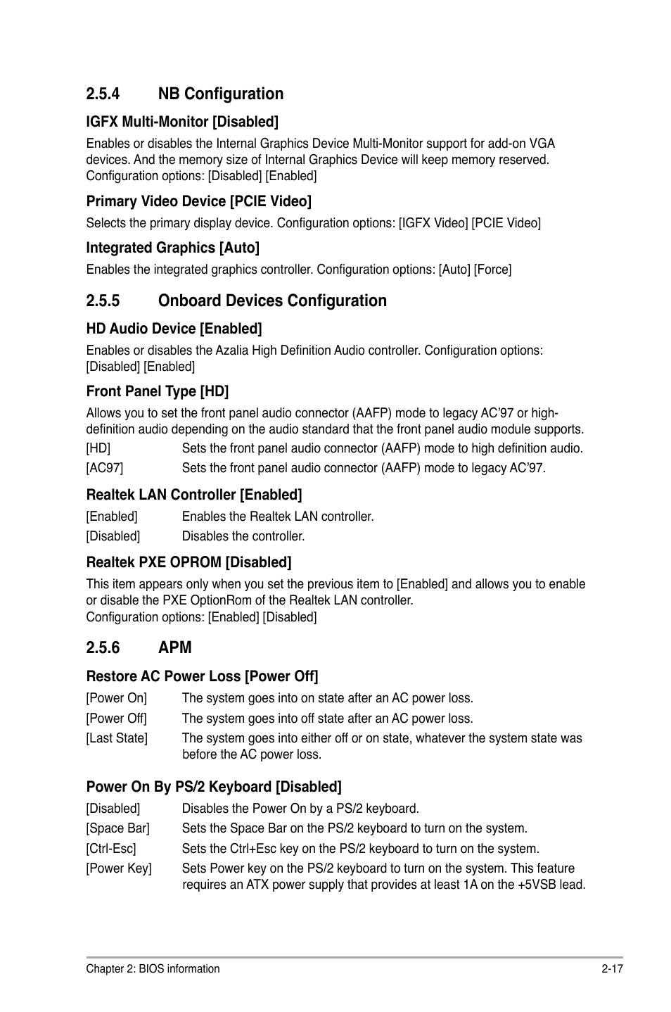 4 nb configuration, 5 onboard devices configuration, 6 apm | Nb configuration -17, Onboard devices configuration -17, Apm -17 | Asus E35M1-I User Manual | Page 41 / 50