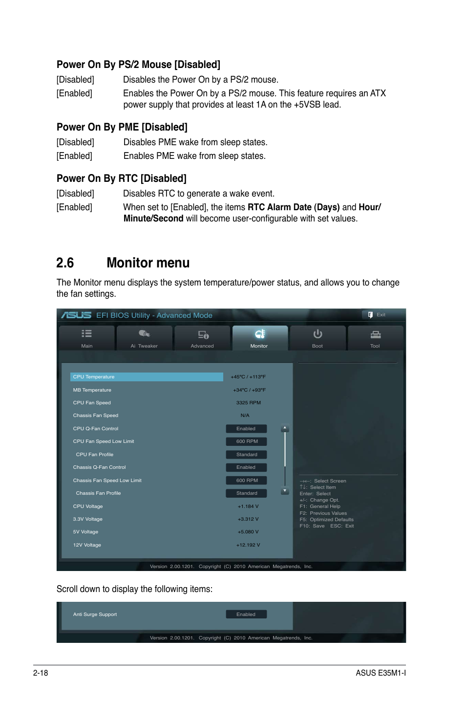 6 monitor menu, Monitor menu -18, Power on by ps/2 mouse [disabled | Power on by pme [disabled, Power on by rtc [disabled | Asus E35M1-I User Manual | Page 42 / 50