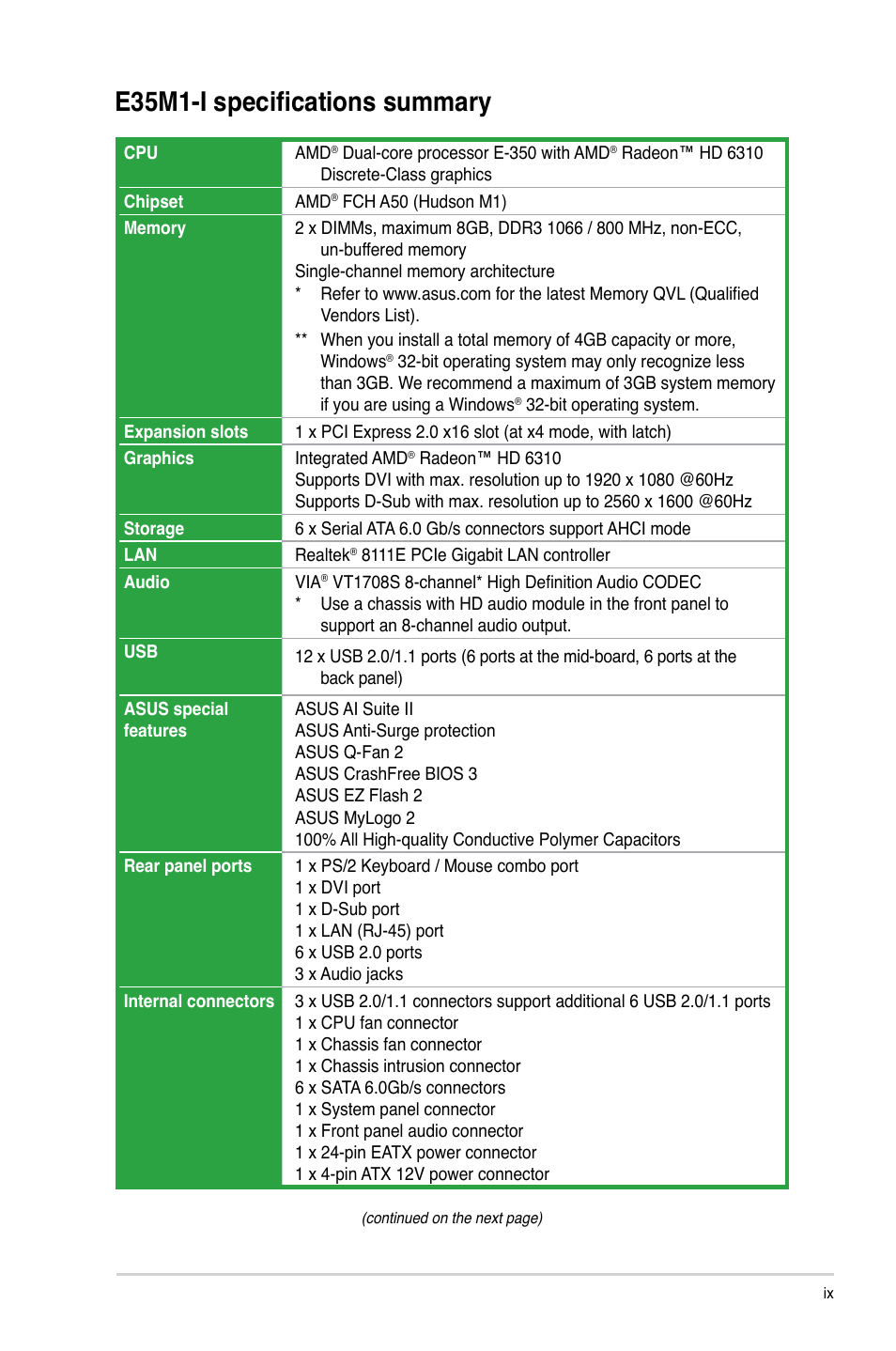 E35m1-i specifications summary | Asus E35M1-I User Manual | Page 9 / 50