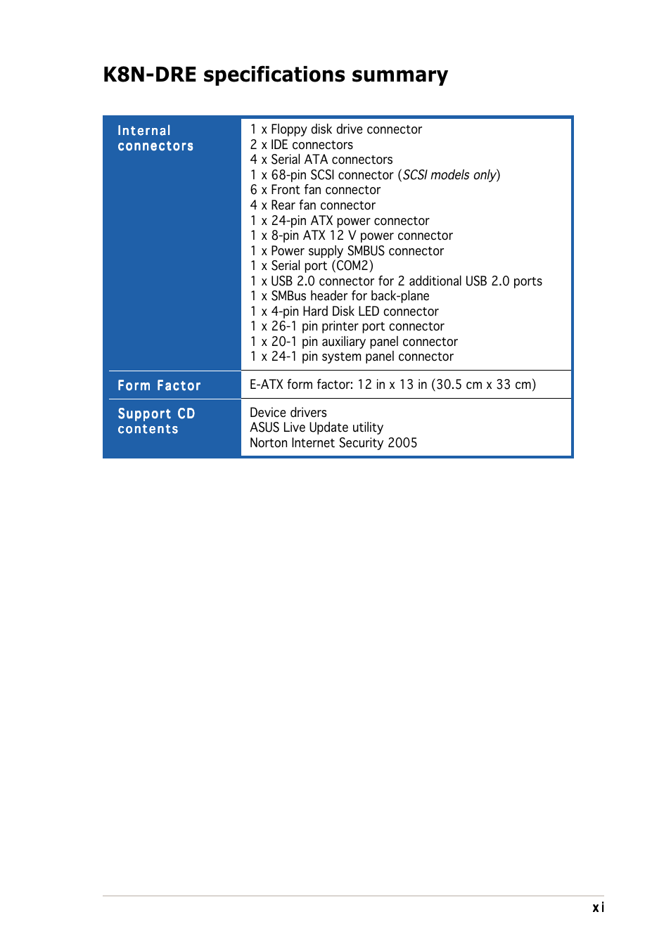 K8n-dre specifications summary | Asus K8N-DRE User Manual | Page 11 / 142