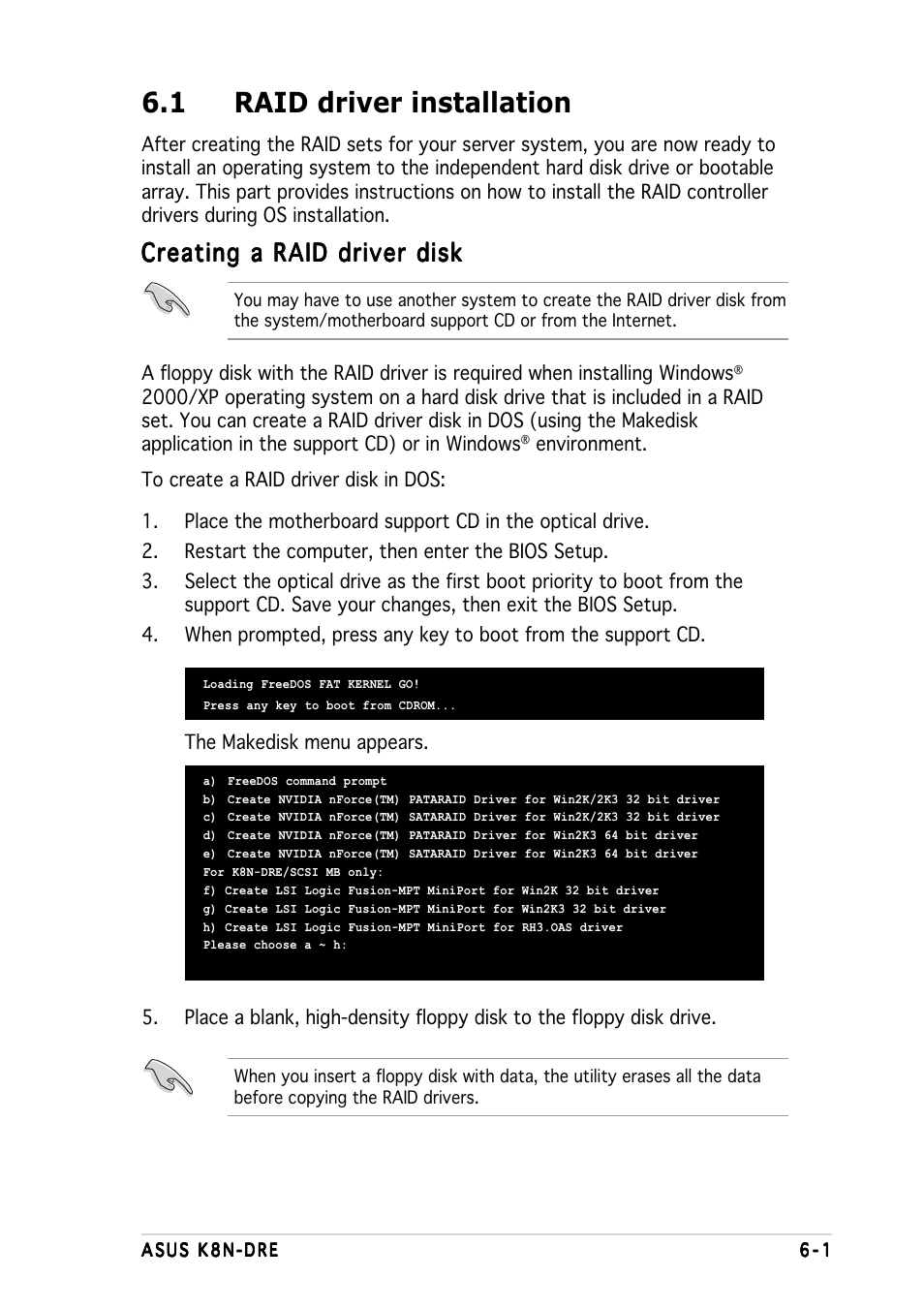 1 raid driver installation, Creating a raid driver disk | Asus K8N-DRE User Manual | Page 131 / 142